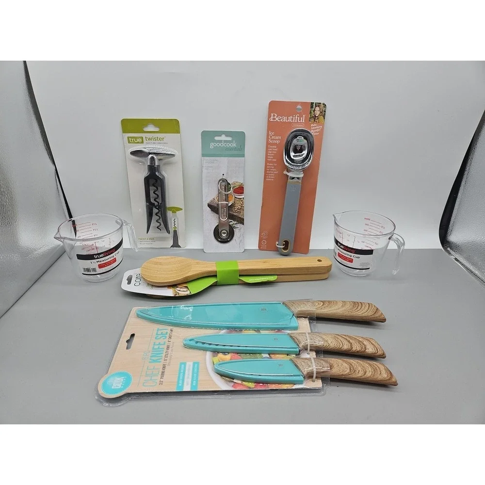 Lot Of Kitchen Utensils Measure Cups Spoons Knives Scoop Corkscrew Lot Of 7 New